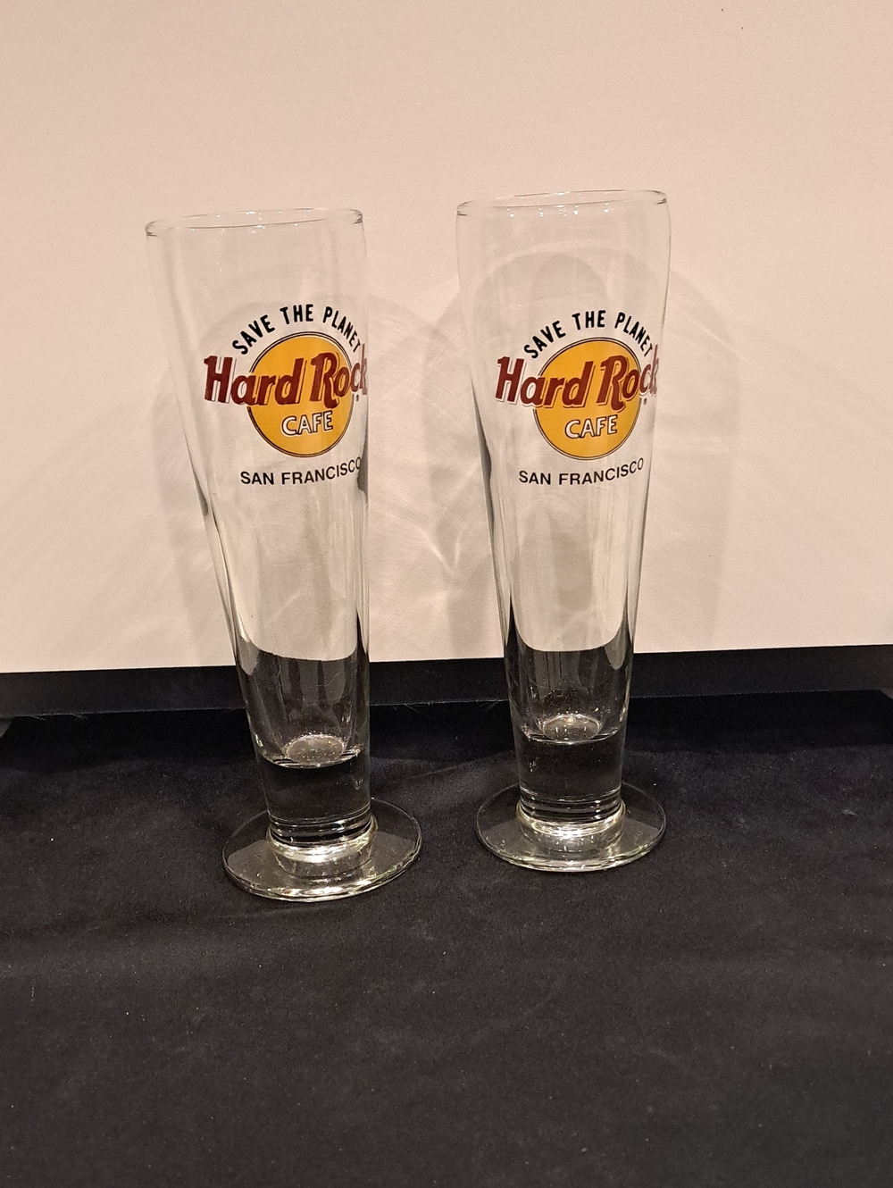 Pair HARD ROCK San Francisco "Save The Planet" Pilsner Glasses. 9 1/4" Like New